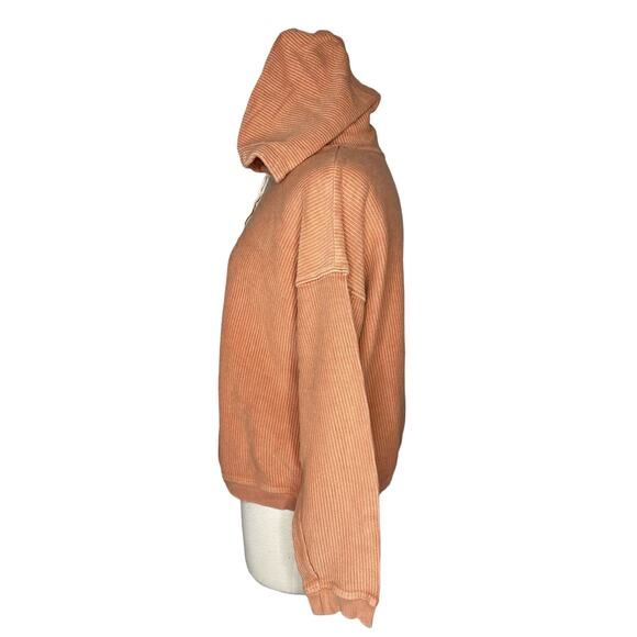 AERIE AE Ribbed Crop Hoodie in Buff Orange Size Medium Womens Relaxed Drawstring - Picture 2 of 10